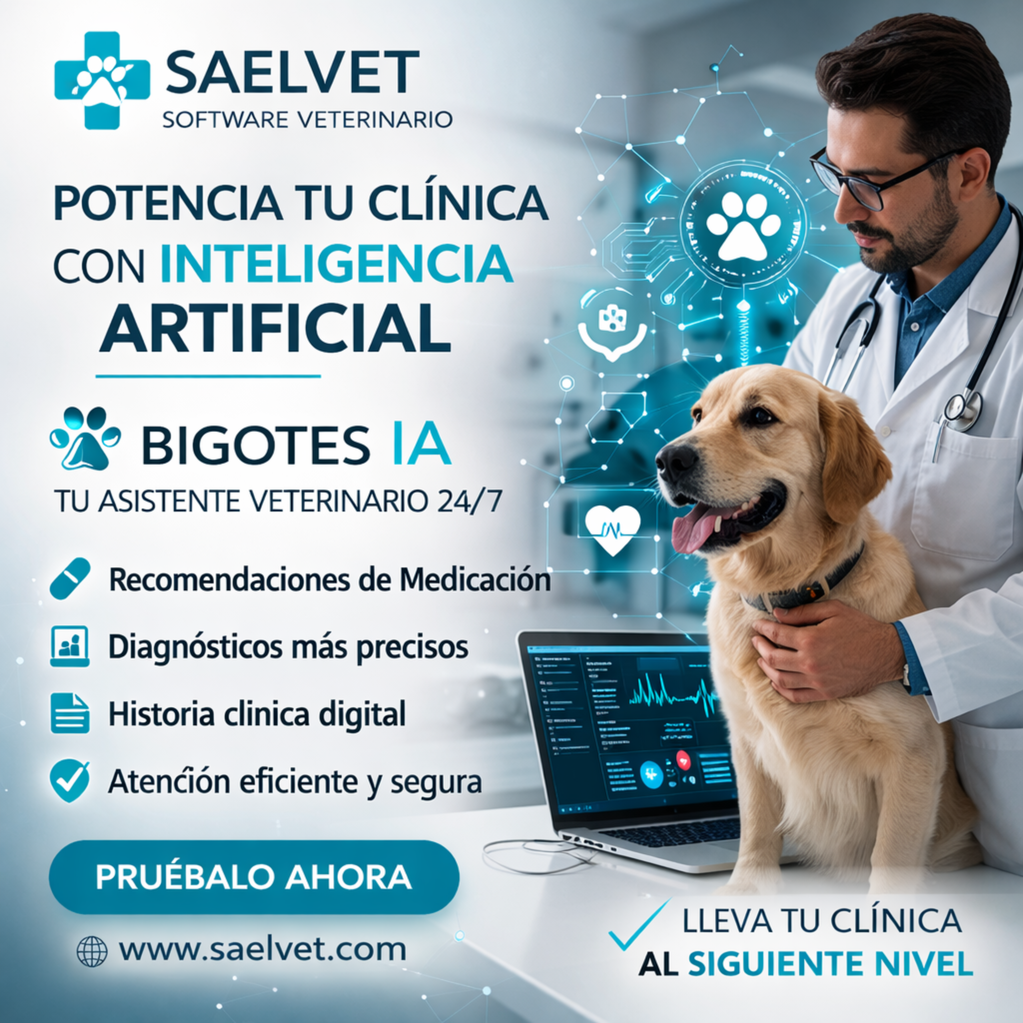 Equipo veterinario usando SaelVet en una clinica moderna